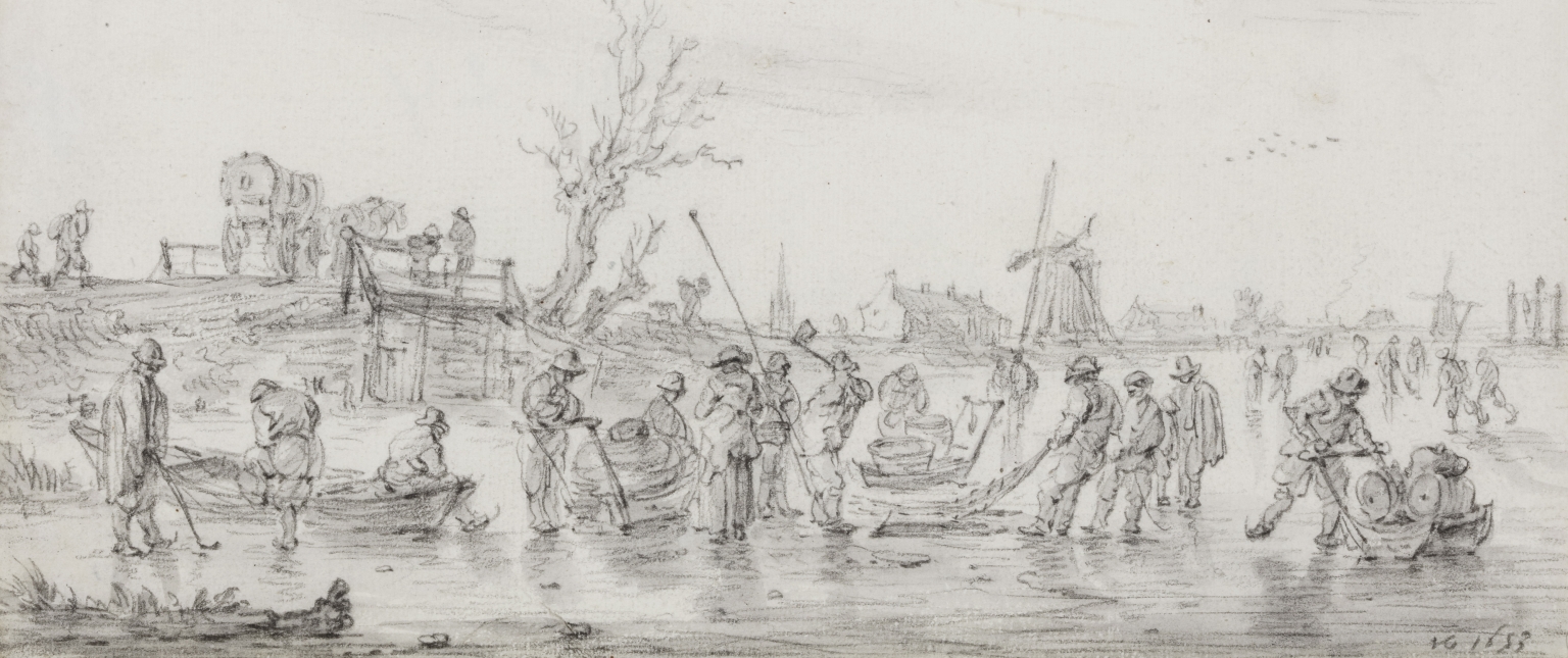 Winter landscape with fishermen and skaters on the ice in Leyden overlooking Voorschoten (1653)
