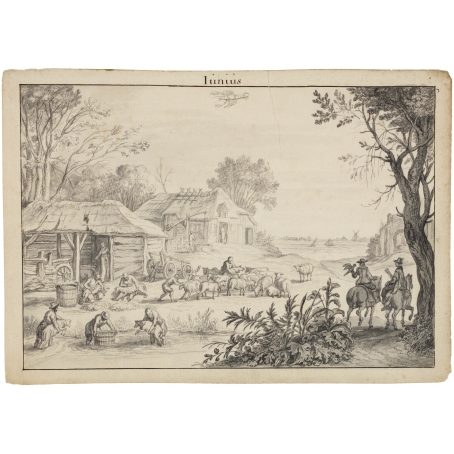 Adriaen van Nieulandt (Antwerp 1586/7-1658 Amsterdam) June: farmers sheap-shearing by a farm, a couple on horseback falcon-hunting at the right