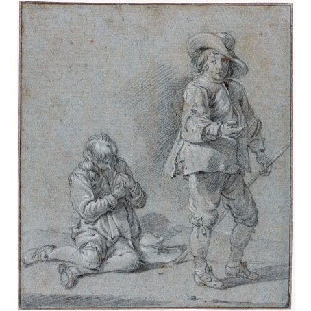 Jacob Martens  (Ghent 1579/80 – 1647 Amsterdam) Studies of two Men: the Elder, possibly an Officer, standing and holding a Stick, the younger Man seated and adjusting his Shirt or looking for Fleas